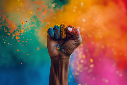 Close-up photo of black person's hand and clenched fist. There is a large amount of rainbow-colored paint splashes on and around the fist.