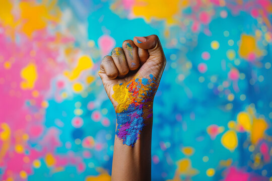 Close-up photo of black person's hand and clenched fist. There is a large amount of rainbow-colored paint splashes on and around the fist.