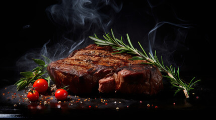Juicy tasty piece of grilled meat with vegetables and rosemary on a black isolated background