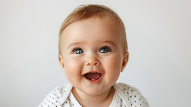A cute baby's delighted expression against a white backdrop