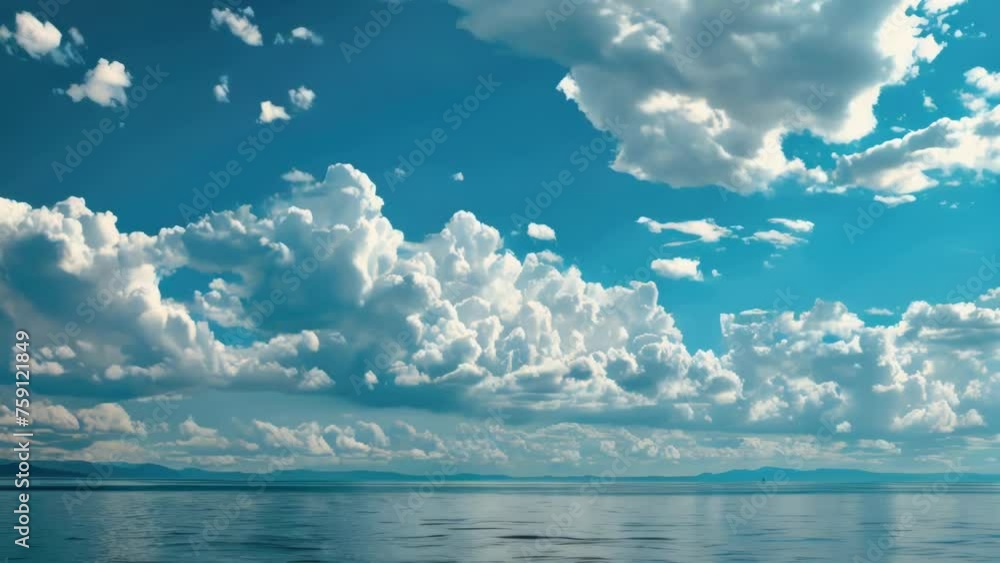 Poster a scenic view of clouds in the sky reflecting on a large body of water. perfect for nature and trave