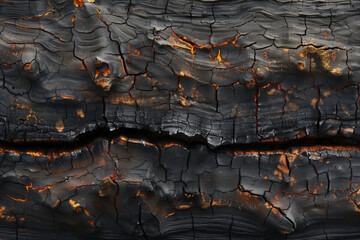 A black and charred wood surface with a lot of burnt marks. The texture of the wood is rough and uneven, giving it a rugged and aged appearance