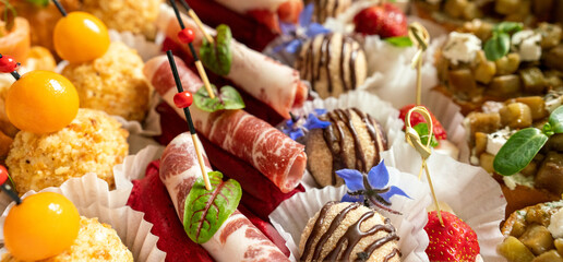 Catering service. Set of beautiful canapes. Buffet table. Shallow depth of view.