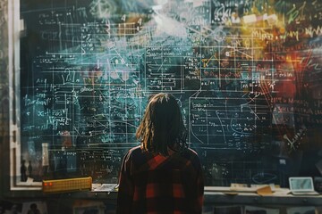 A person looking at an endless chalkboard filled with complex equations and mathematical formulas - obrazy, fototapety, plakaty