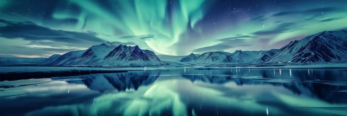 Cercles muraux Aurores boréales Beautiful aurora northern lights in night sky with lake snow forest in winter.