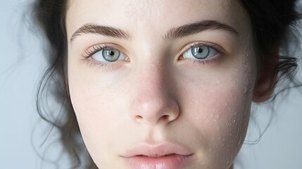 Fototapeta premium Healthy clean face without makeup. Beautiful girl with cleansed skin. Concept: body health and cosmetic products for removing dirt and makeup.