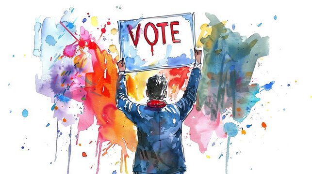 Rear view of man holding up a VOTE sign, set against a vibrant watercolor splash background. Male voter. Empowering election and voting participation theme for campaign promotions. Artwork