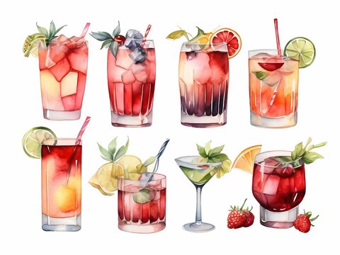 A Captivating Watercolor Illustration Displaying a Diverse Collection of Drinks and Cocktails, Expertly Rendered to Celebrate the Artistry of Mixology and Beverage Culture