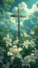 Wooden cross among the blooming lilies, under a blue sky. Concept of Easter greetings, celebration, resurrection joy, natural burial, memorial. Art. Postcard. Vertical format