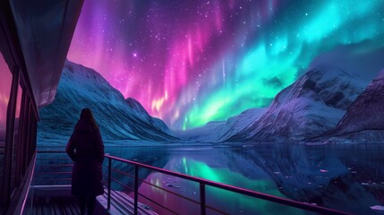 A person stands in boat deck with beautiful aurora northern lights in night sky in winter. - obrazy, fototapety, plakaty