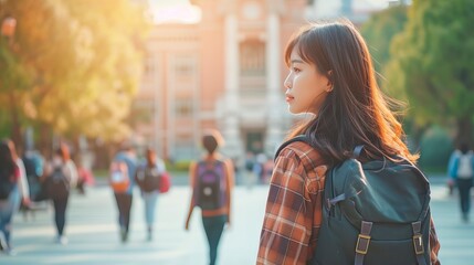 Young Asian refugee woman in university campus. Immigrant student with backpack. Concept of immigrant education, refugee integration, diversity, cultural exchange, and academic aspiration. Copy space - obrazy, fototapety, plakaty
