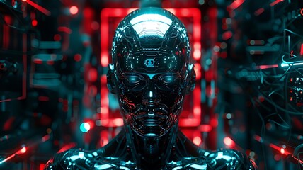 Artificial Robot Intelligence (ARI), also known as Strong AI refers to a type of Artificial Intelligence that has the Ability to Understand Learn & Apply its Intelligence, Hi-tech futuristic face ID  - obrazy, fototapety, plakaty