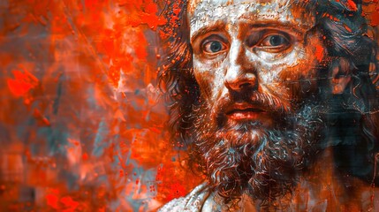 Jesus Christ on textured background. Fresco in style of oil painting. Savior Jesus Christ. Concept of faith, spirituality, Easter, resurrection, divinity, Christian beliefs, religious. Art. Copy space