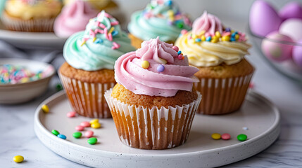 Cupcakes with bright icing on a gray background