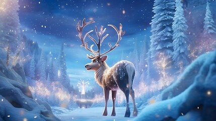 an enchanting moment where a lovable reindeer is surrounded by sparkling lights and snowflakes in an animated movie setting , Attractive look - obrazy, fototapety, plakaty