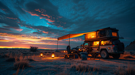 Fototapeta na wymiar 4X4 in the desert campsite during an adventure.