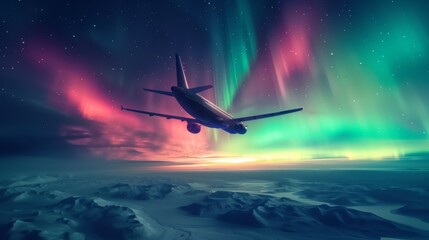 An airplane flying in sky with beautiful aurora northern lights in night sky in winter. - obrazy, fototapety, plakaty