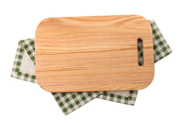 Wooden cutting board and checkered towel on white background, top view