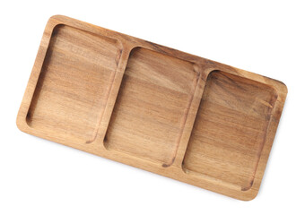 One wooden serving board on white background, top view