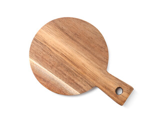 One wooden cutting board on white background, top view
