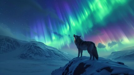 Wolves herd in wild snow field with beautiful aurora northern lights in night sky with snow forest in winter.