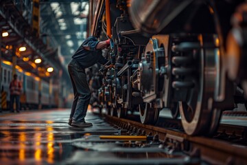 Auto mechanic performing routine maintenance on the braking system of a freight train, showcased in a clean, well-lit railway yard. - obrazy, fototapety, plakaty