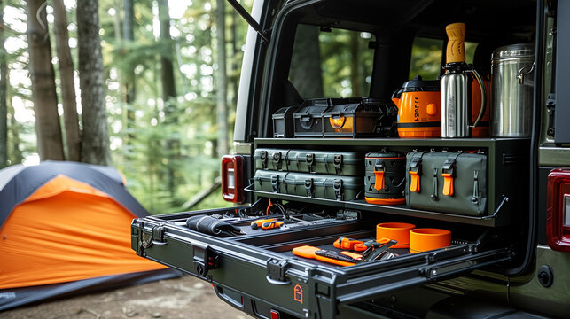 modular overland gear storage system inside a vehicle at forest campsite