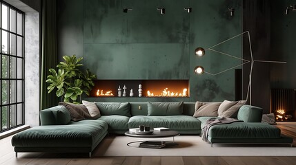 a visual representation using AI of a loft-inspired living room green theme with an urban edge, showcasing a stylish sofa and a modern fireplace surrounded by concrete paneling