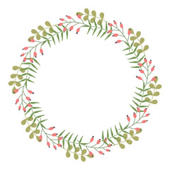 Round Hand drawn floral frame or springtime border with place text, quote or logo in flat style. Doodle spring Wreath made of pink flowers and Leaves in circle. Minimalist botanical element branches