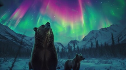 Naklejka premium Grizzly bear with cubs in wild snow field with beautiful aurora northern lights in night sky with snow forest in winter.