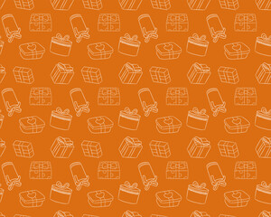 background, pattern, wallpaper with gift boxes in hand drawn style. Line boxes, seamless pattern on orange background