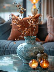 Elegant floral arrangement in ceramic vase with candles beside cozy sofa in stylish living room setting during afternoon light