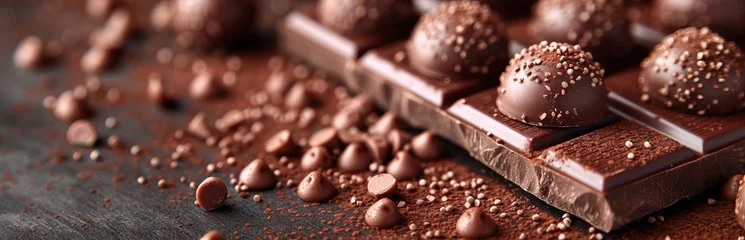 Foto op Aluminium Pieces of dark chocolate with cocoa grains and powder distributed on the surface. Concept: recipes for confectionery desserts and gastronomy products. © Marynkka_muis_ua