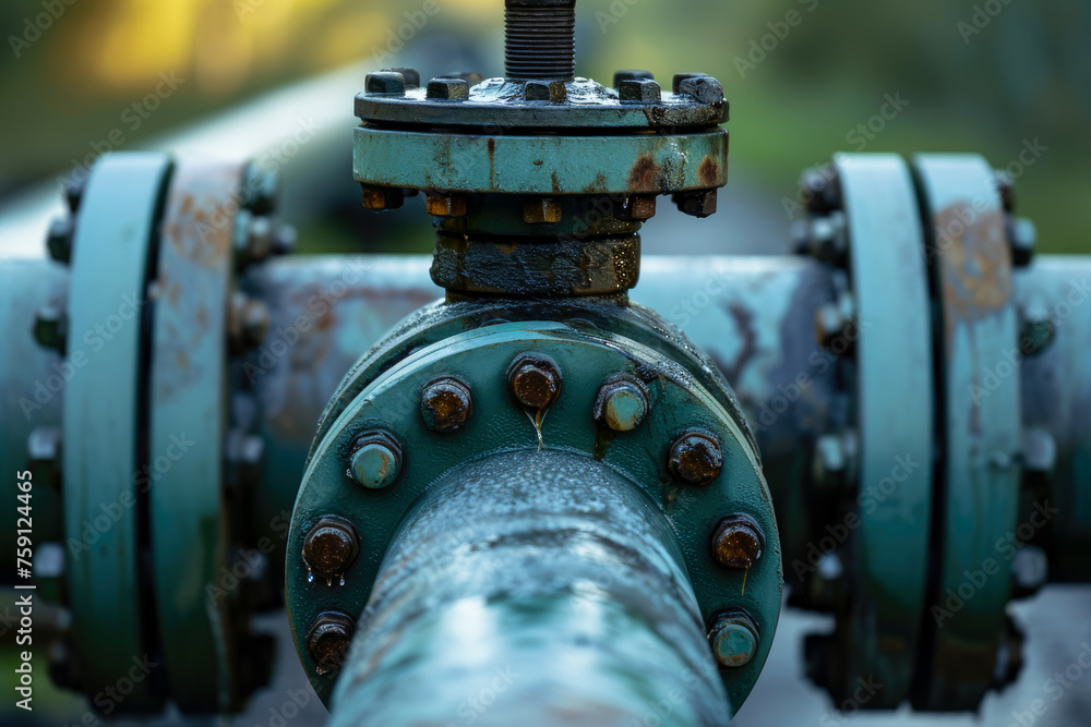 Poster close-up of a pipeline with a valve. the valve is open, and oil is flowing through the pipeline