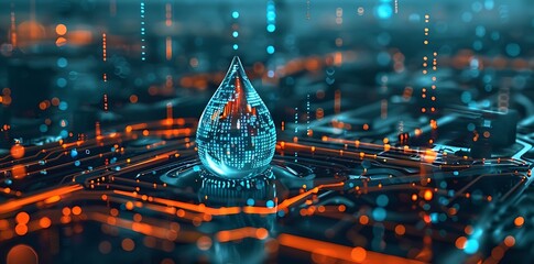 Envisioning the Future of Water Conservation: A Digital Hologram of a Futuristic Water Drop Amidst an Urban Cityscape. Generative AI - obrazy, fototapety, plakaty