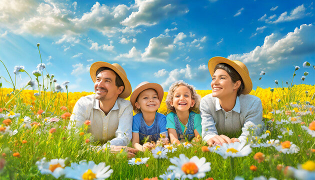 Family enjoying the spring summer weather in a floral meadow