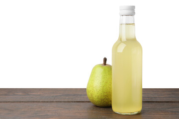 Delicious kombucha in glass bottle and pear on wooden table against white background, space for text