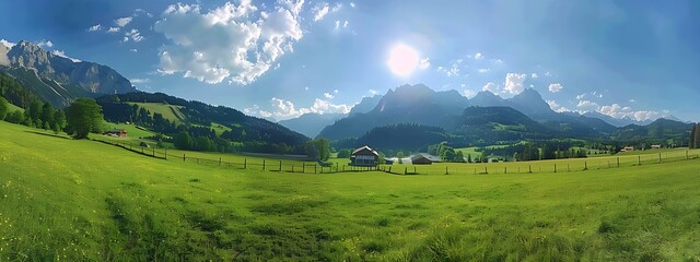 Idyllic mountain landscape in the Alps with blooming meadows in springtime - Generative AI - obrazy, fototapety, plakaty