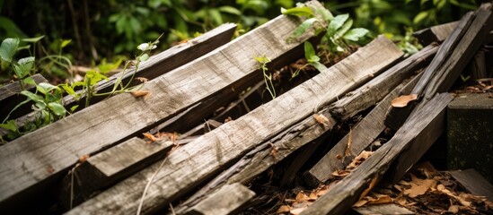 Damaged wooden slats in the garden representing construction.