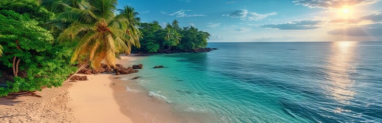 view of an island with a sultry tropical forest, surrounded by bright blue waters and white sandy...