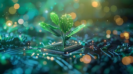 A glowing plant growing on a computer chip representing digital ecology business and blurred background. Green environment & computing. Plants & technology illustration. Generative AI - obrazy, fototapety, plakaty