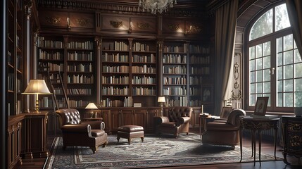 a visual representation with AI, portraying a classic home library with grand mahogany bookshelves  - obrazy, fototapety, plakaty