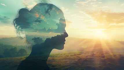 Outline of a human head containing a serene landscape background, symbolizing the concept of inner peace and mental tranquillity with copy space. Generative AI