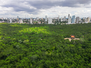 Aerial city scape of Parque Mae Bonafacia park in summer in Cuiaba Mato Grosso