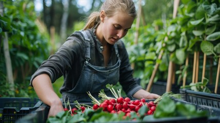 A woman picking radishes in a vibrant garden under the warm sun