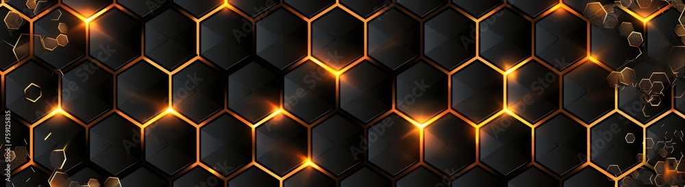 Poster abstract black background with a golden hexagonal pattern wallpaper with a geometric texture generat