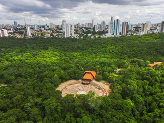 Aerial city scape of Parque Mae Bonafacia park in summer in Cuiaba Mato Grosso