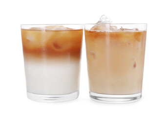 Glasses of fresh iced coffee isolated on white