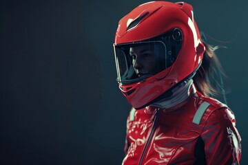 Motorcycle rider in a sleek red helmet and leather suit prepares for the race during a nighttime event in a modern setting