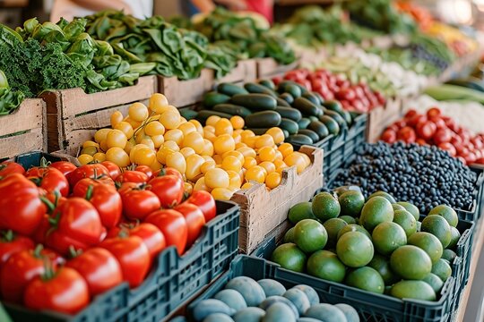 Produce an image of a person shopping for fresh produce at a colorful farmers' market
